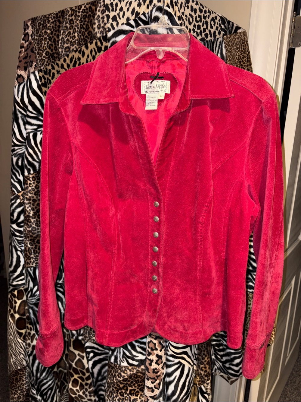 Live a Little red leather suede snap jacket Large